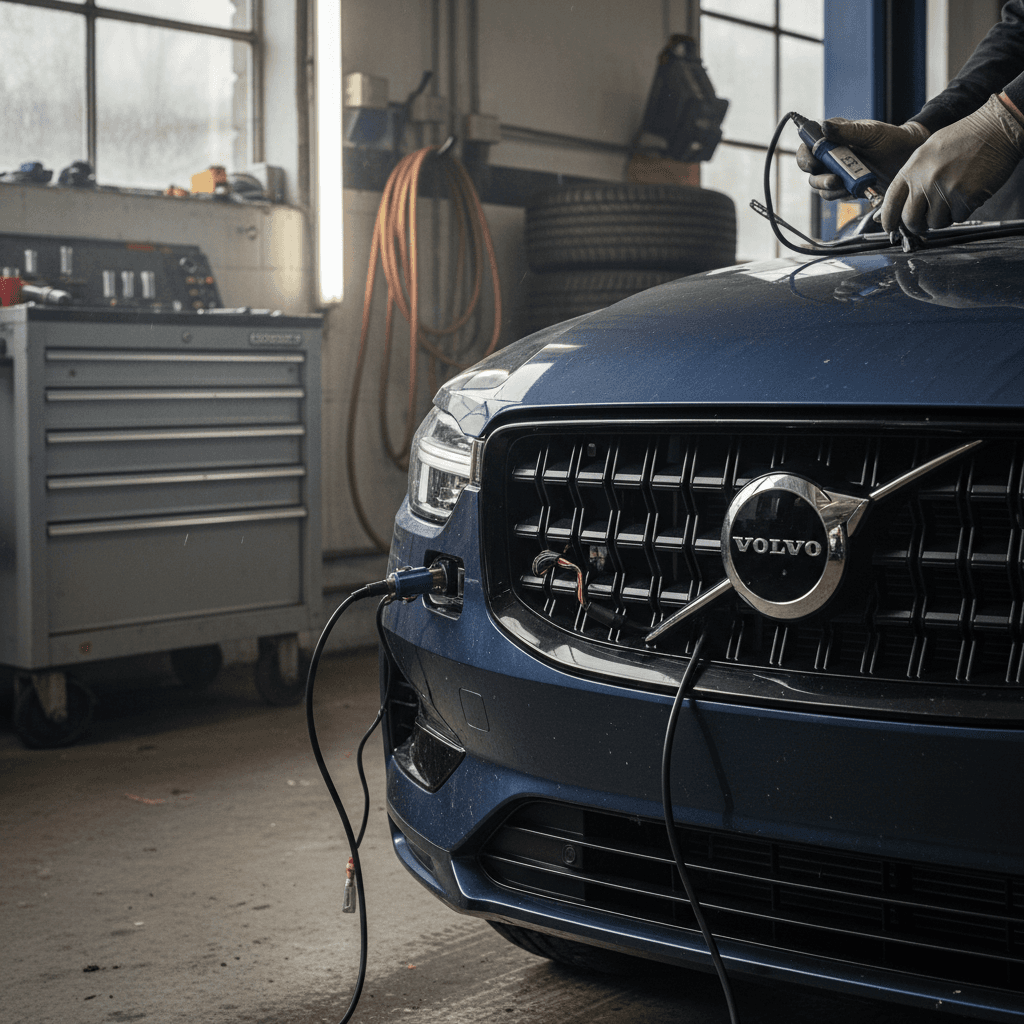 Technician inspecting a Volvo EX90 front structure and safety sensors in a workshop