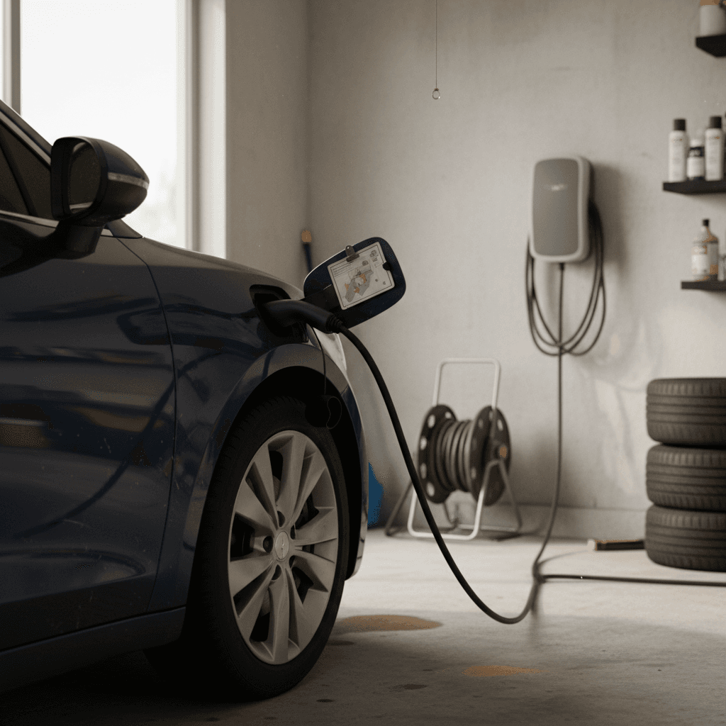 Electric vehicle charging from a home wallbox in a residential garage next to an electricity bill