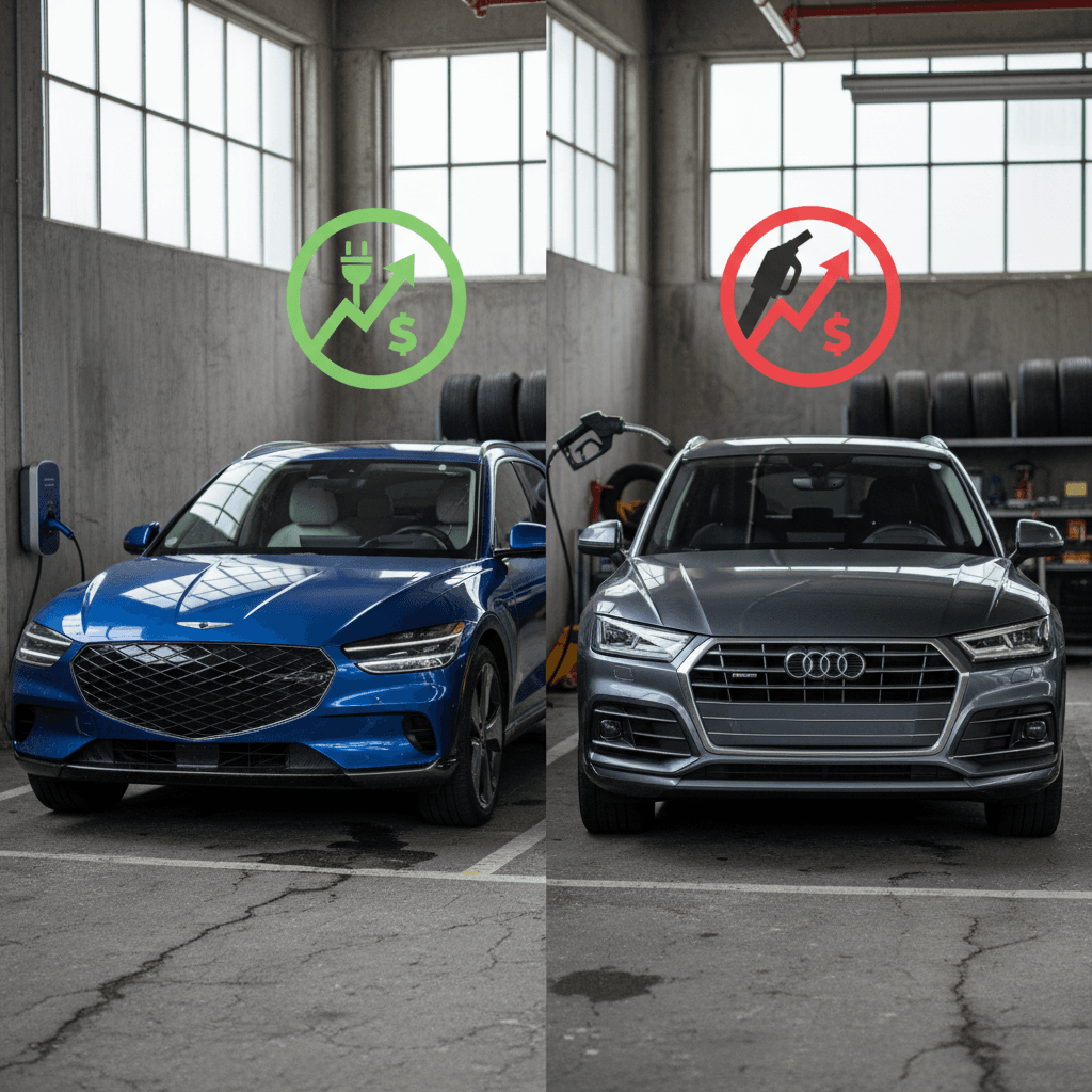 Side by side Genesis GV60 EV and a comparable gas luxury SUV, with icons showing electricity and gasoline cost differences