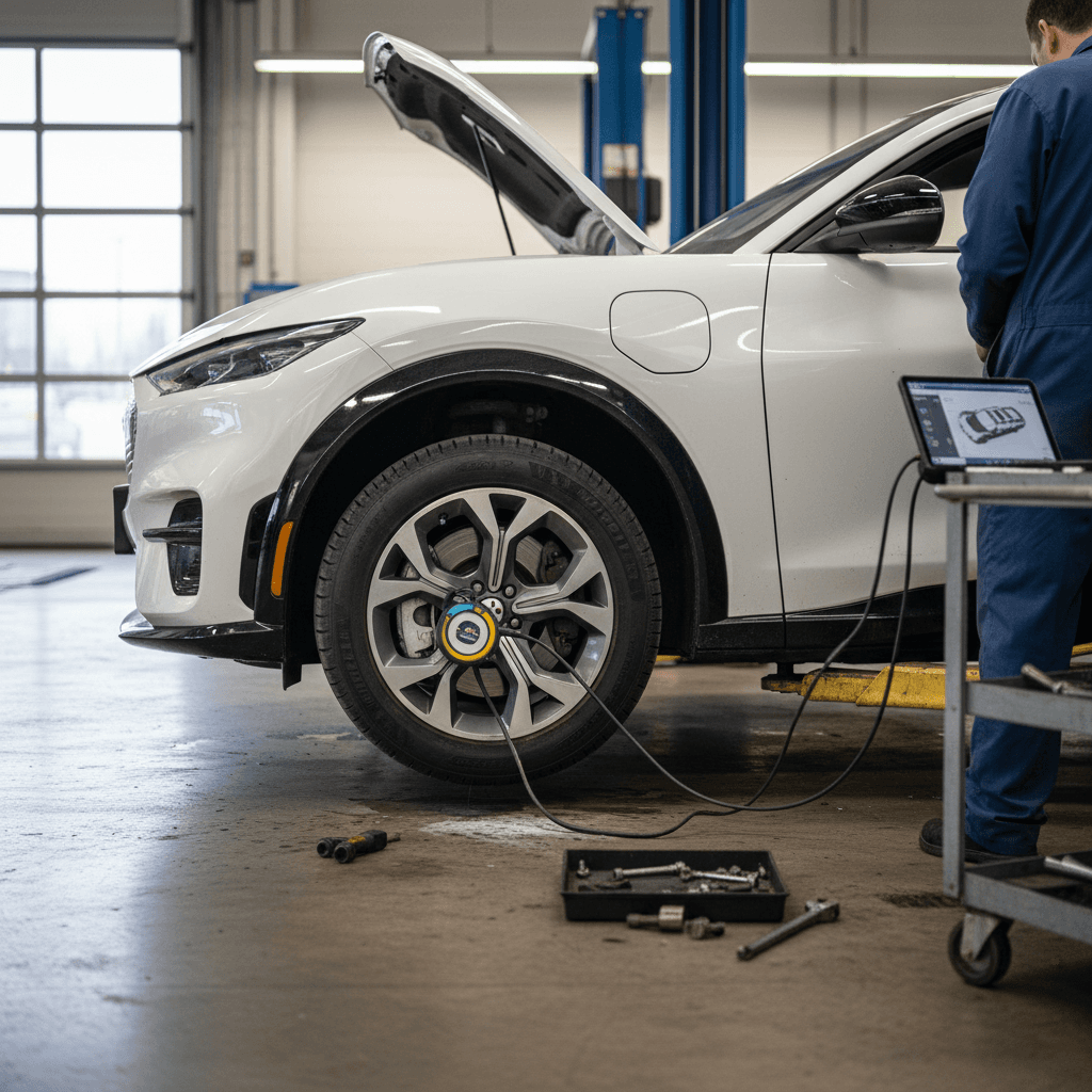 Technician inspecting a used 2022 Ford Mustang Mach-E on a service lift