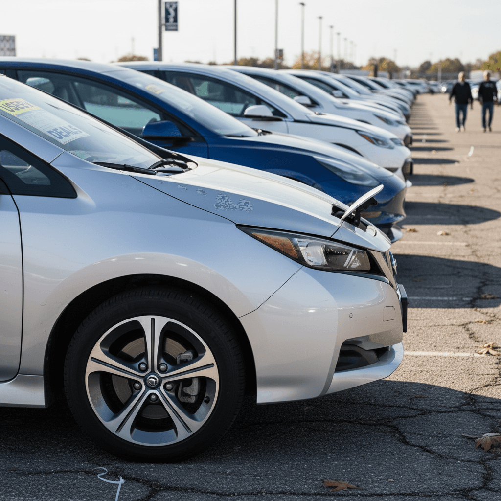 Row of used electric vehicles parked on a dealer lot at sunset