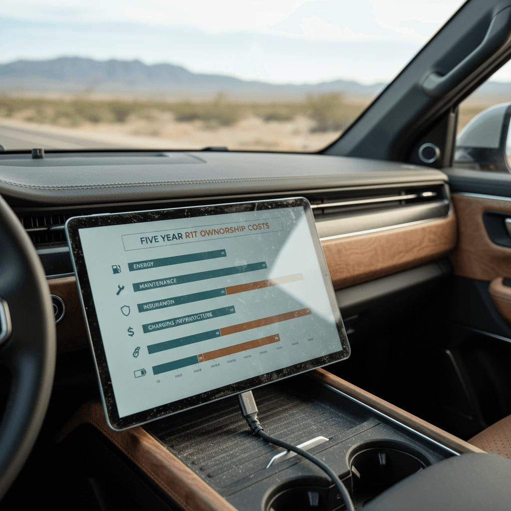Stacked bar chart showing five-year cost breakdown for a new and used Rivian R1T, highlighting depreciation and energy costs