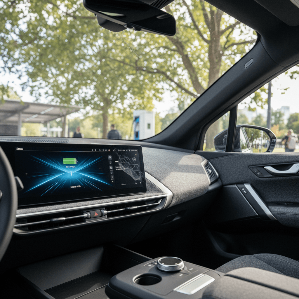 Interior of a modern luxury electric SUV with large digital displays and ambient lighting while the vehicle charges