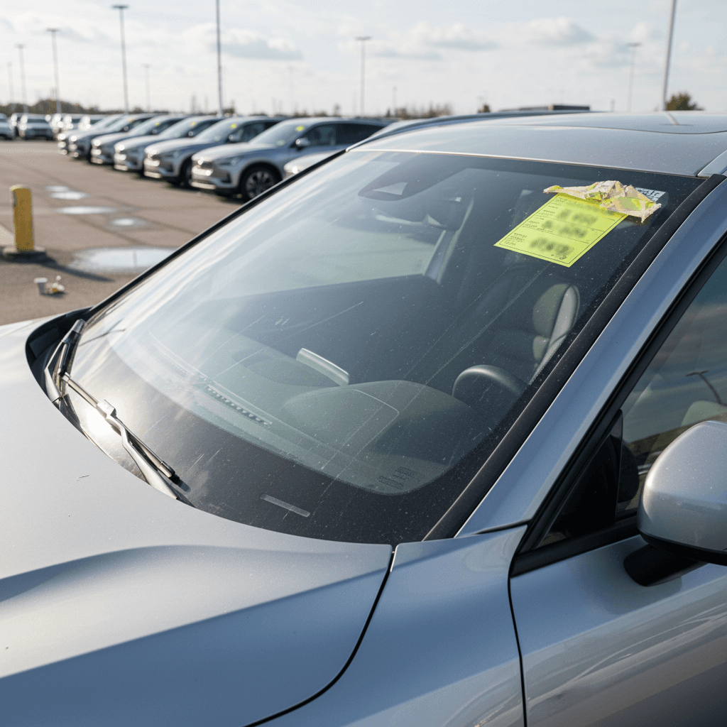 Used Volvo EX90 electric SUV parked at dealership lot with price tag on windshield, emphasizing resale value considerations