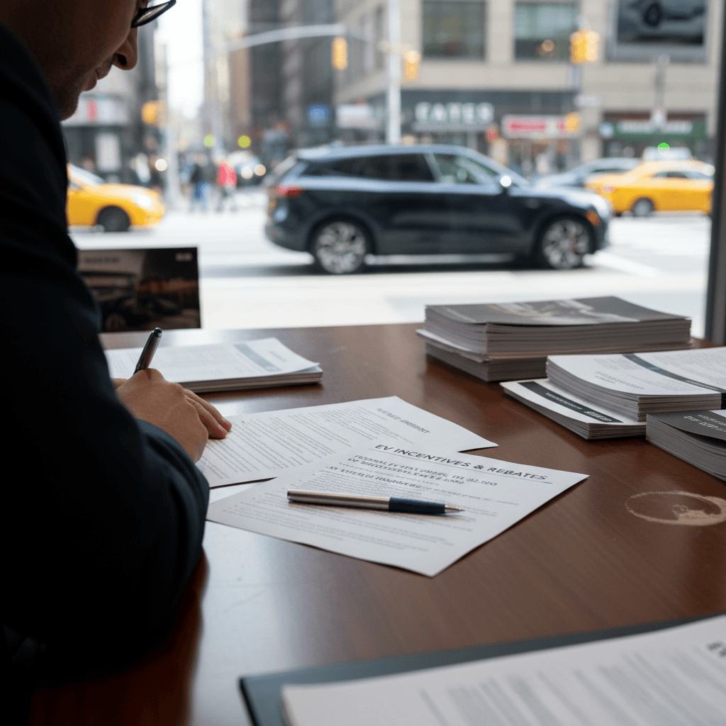 A New York EV buyer reviewing paperwork that shows an applied Drive Clean rebate and estimated fuel savings on a used electric car purchase.