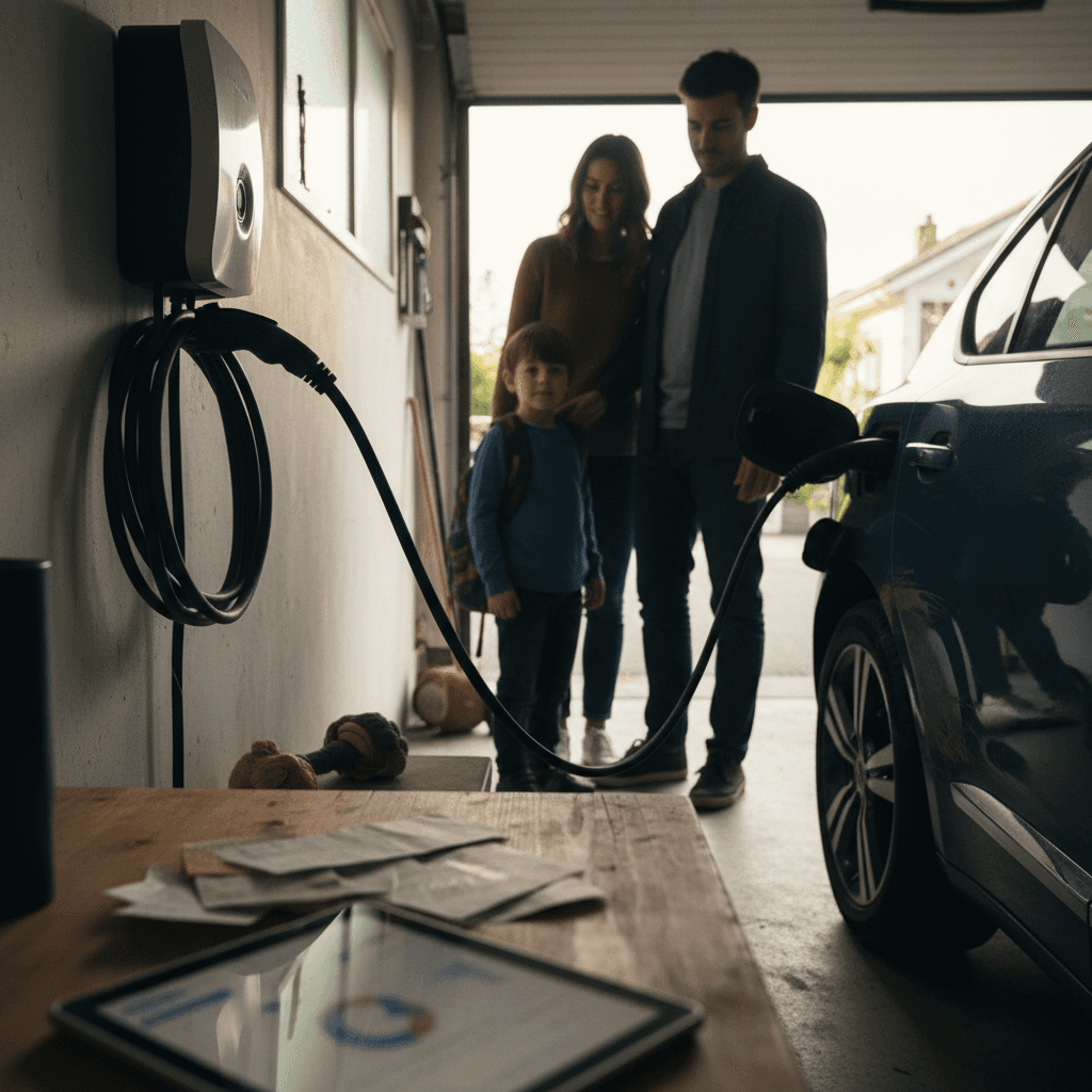 Row of used electric vehicles parked at a dealership lot