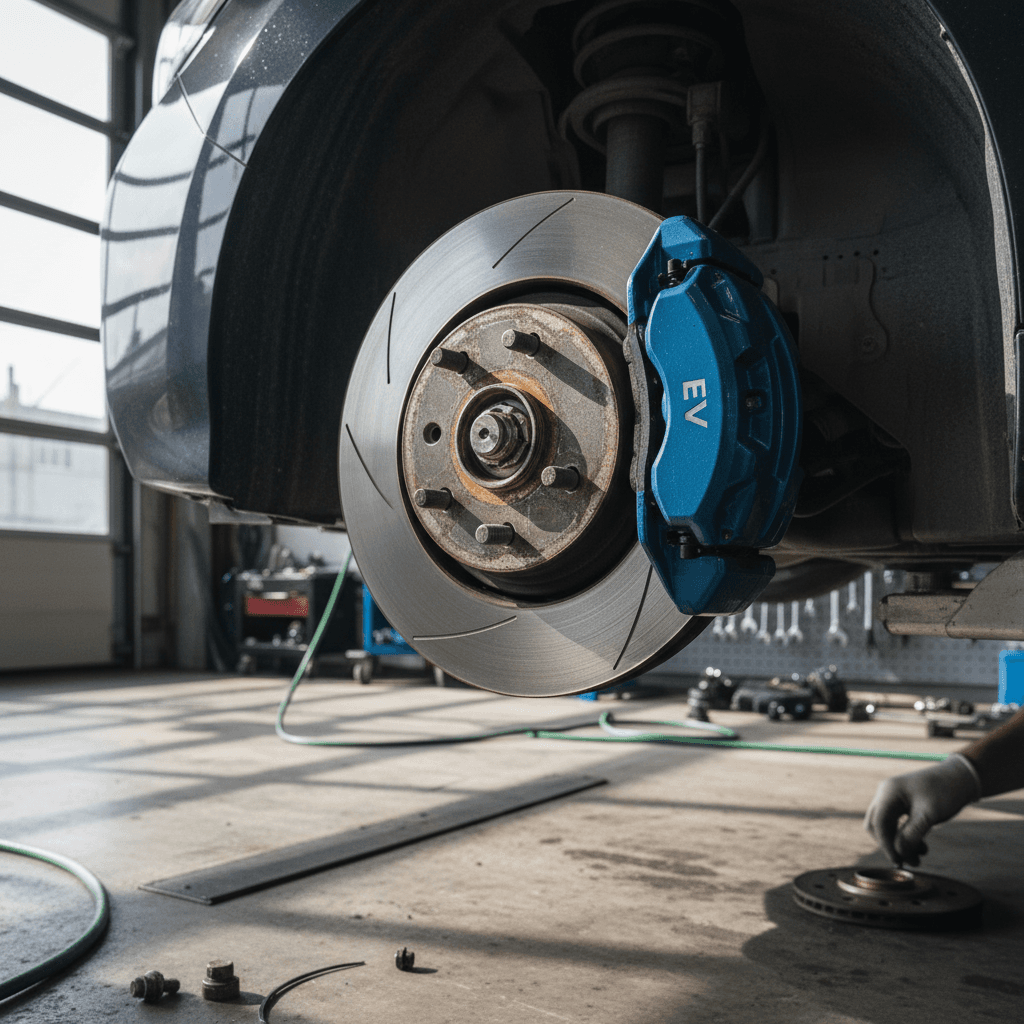 Nissan Leaf on a lift with technician inspecting the front brake rotor and caliper