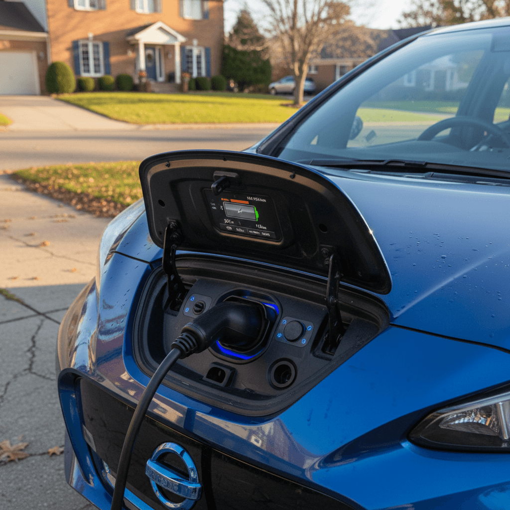 A 2022 Nissan Leaf plugged into a home Level 2 charger with the driver checking range on the dashboard.