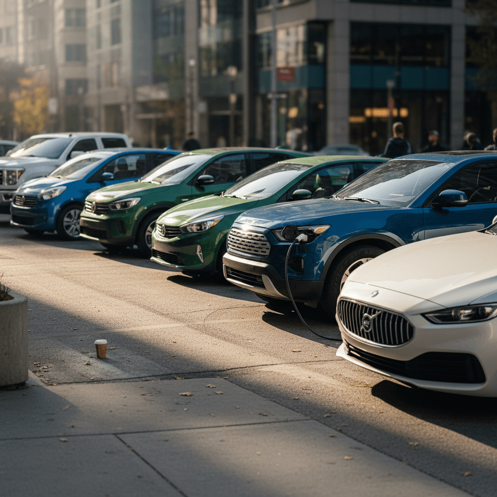 Family loading luggage into an electric SUV while charging at a roadside station