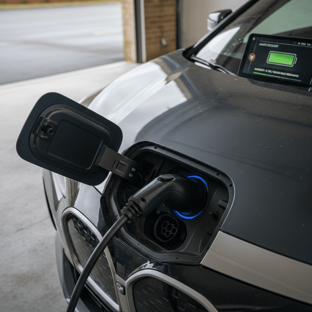 Close-up of a BMW i4 charging port and dashboard battery display, highlighting battery health and warranty considerations
