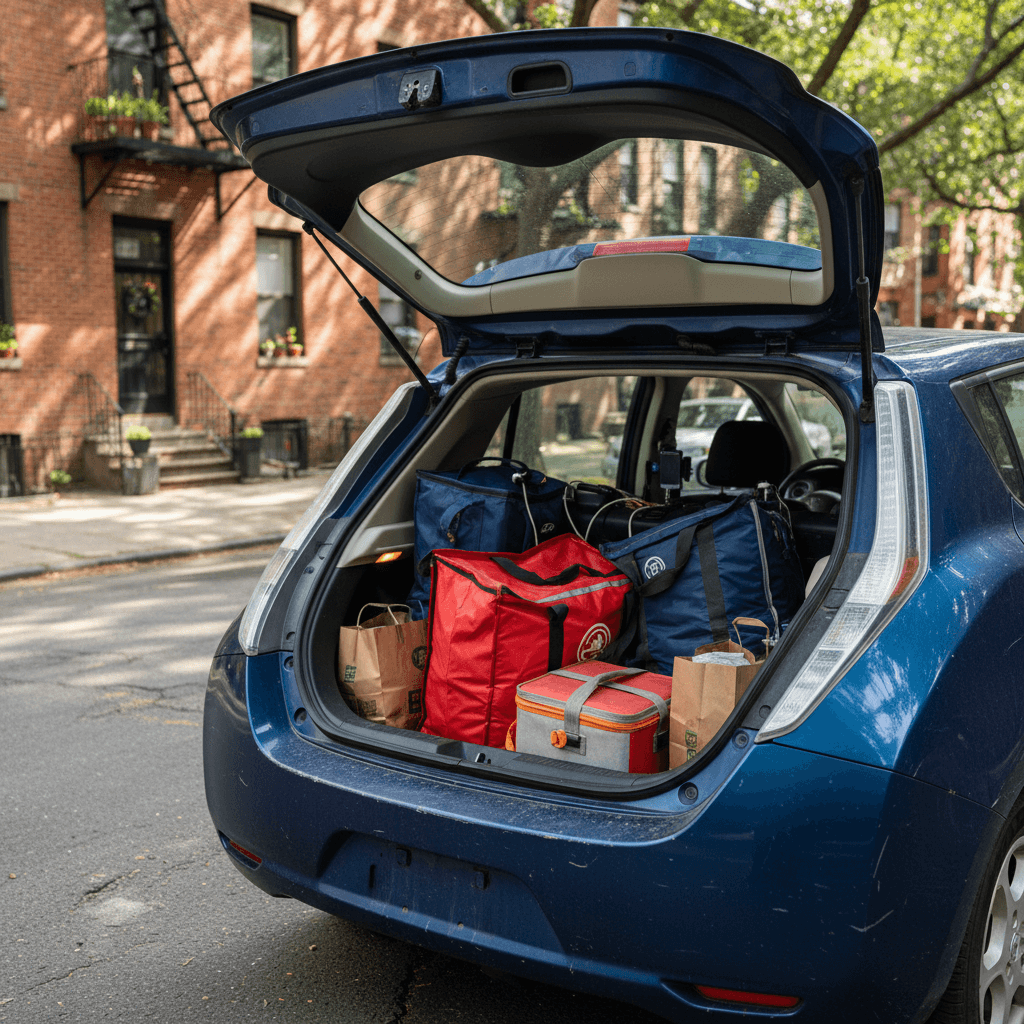 Compact used electric hatchback with rear seats folded and insulated delivery bags in the cargo area