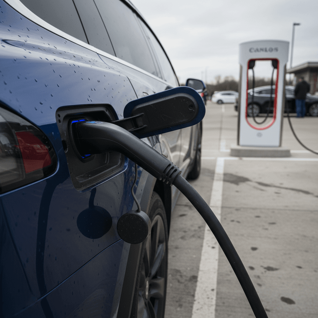 2021 Tesla Model X plugged into a Supercharger station during a road trip