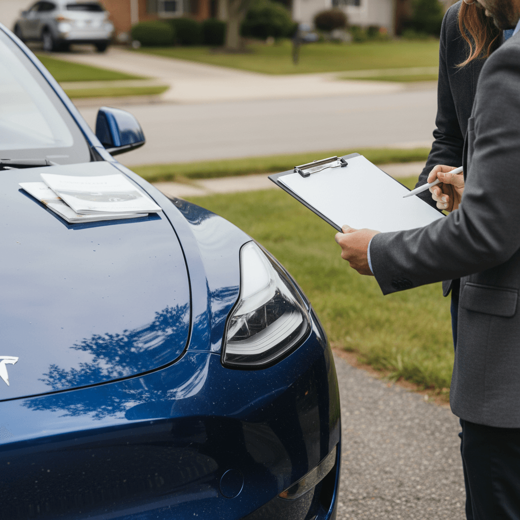 Insurance agent reviewing coverage options with a Tesla Model Y owner beside a used vehicle