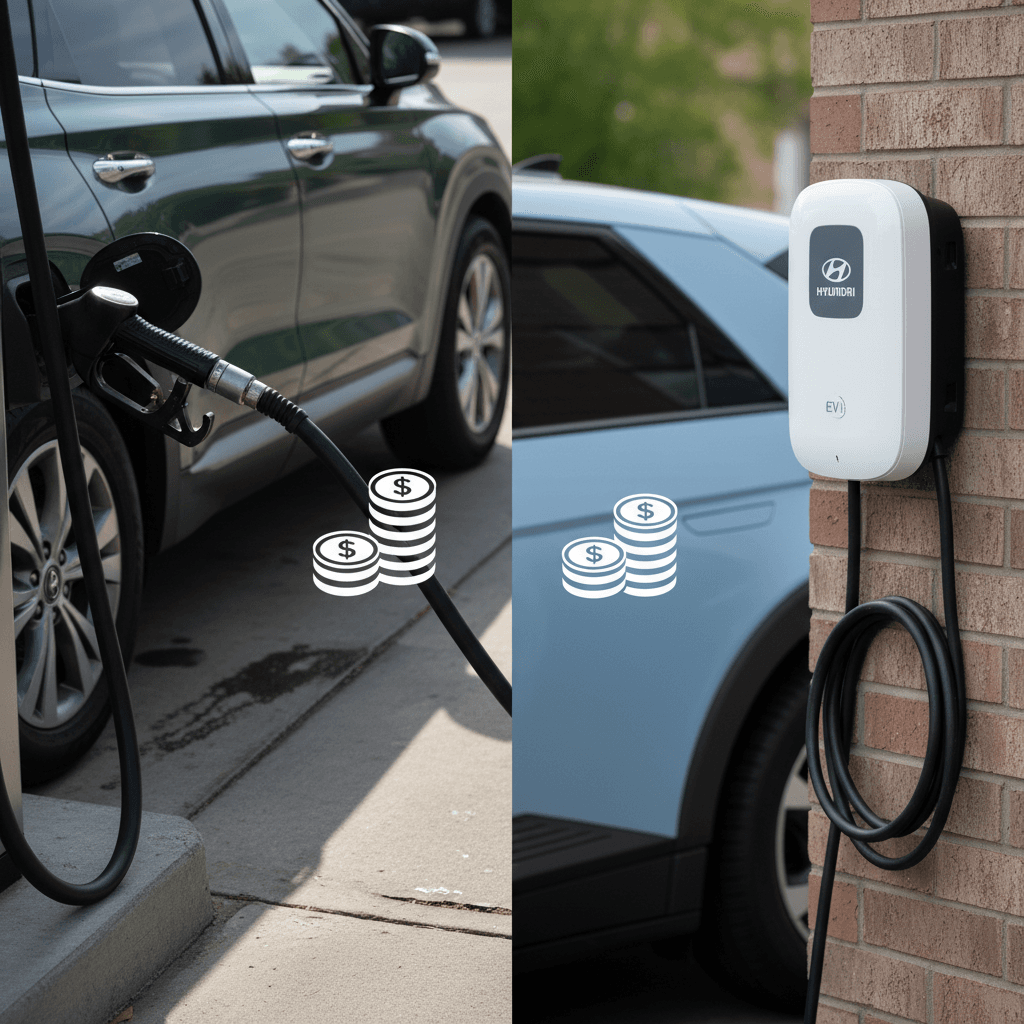 Illustration comparing gasoline pump and home EV charger with dollar signs showing cost difference