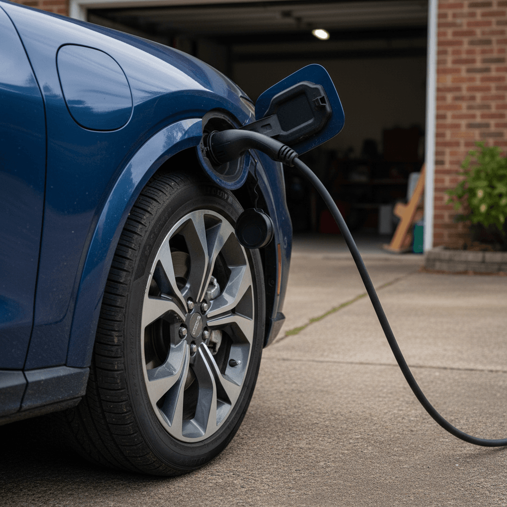 Ford Mustang Mach-E plugged into a home Level 2 charger in a modern garage