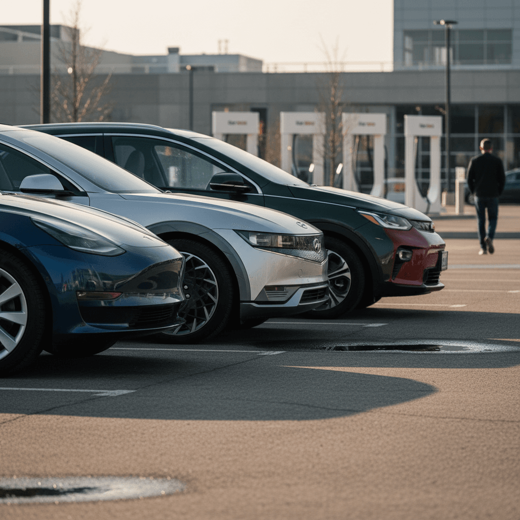 Lineup of popular used EVs including a Tesla Model 3, Hyundai Ioniq 5, Kia Niro EV, and Chevy Bolt EUV parked side by side