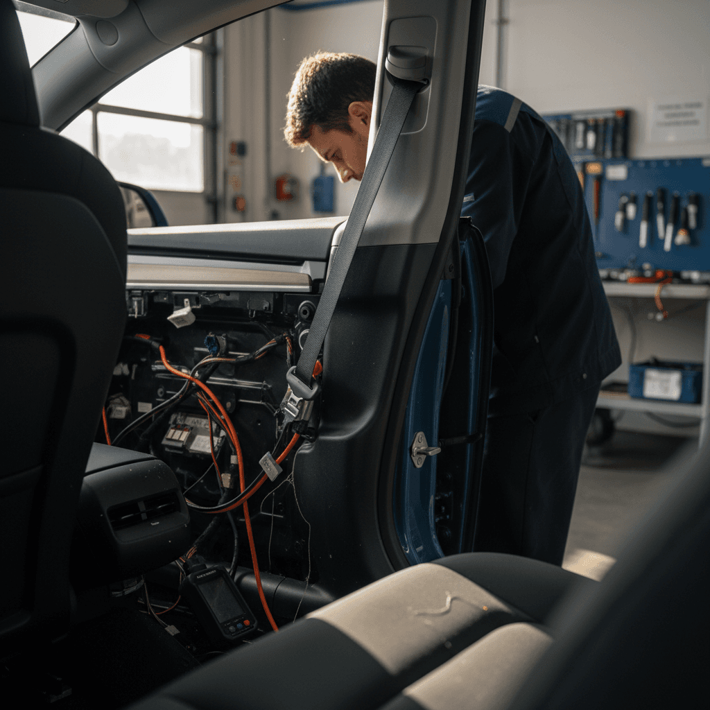 Technician checking a 2021 Tesla Model 3 front seat belt anchor and wiring in a service bay