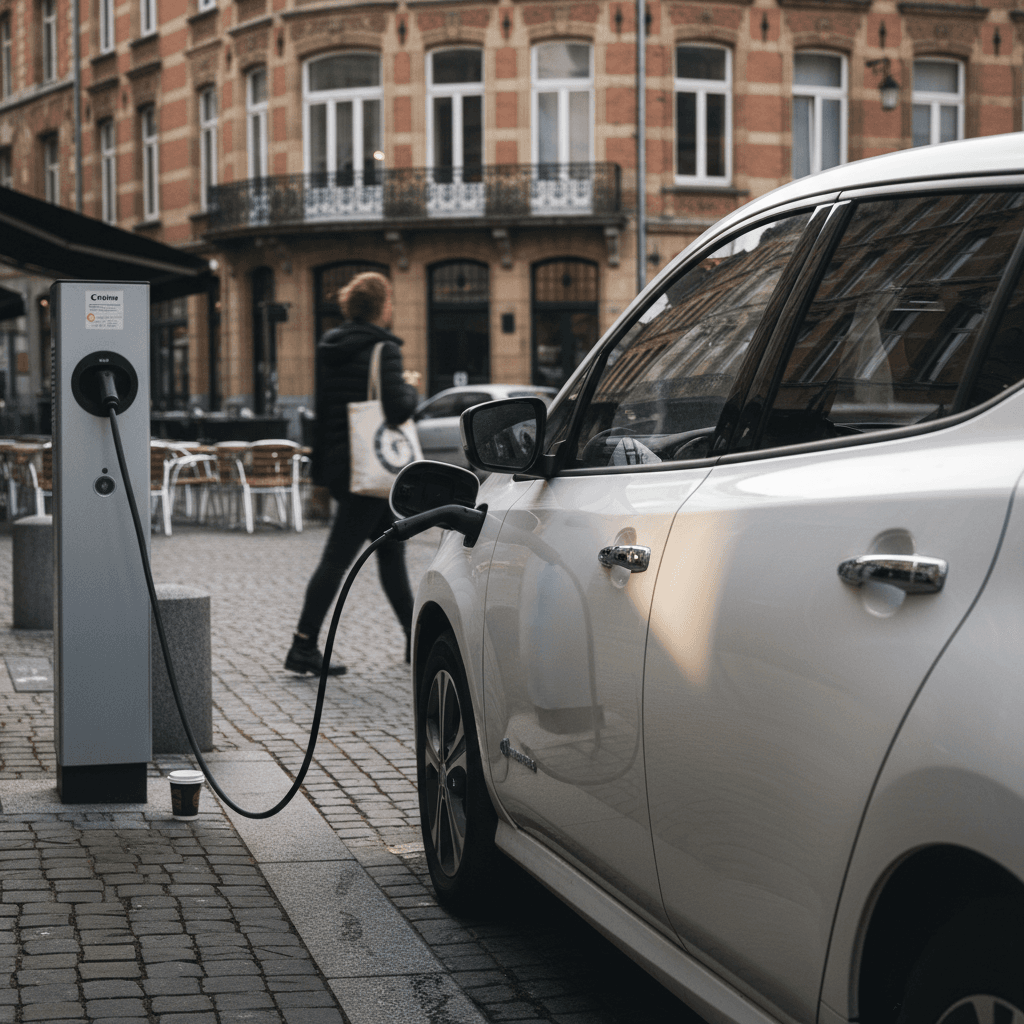 Electric hatchback charging at curbside station in a city parking space