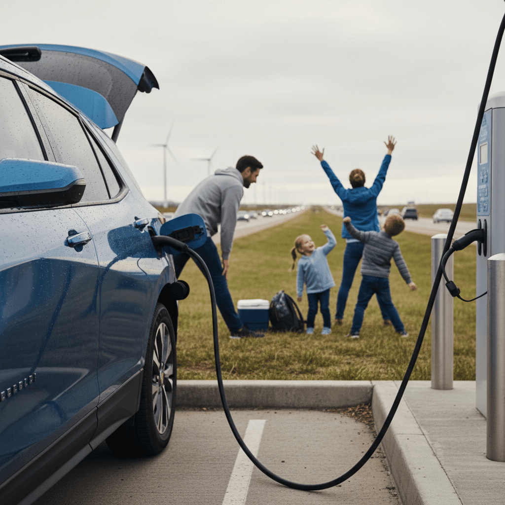 Chevrolet Equinox EV plugged into a highway DC fast charger while passengers stretch their legs nearby