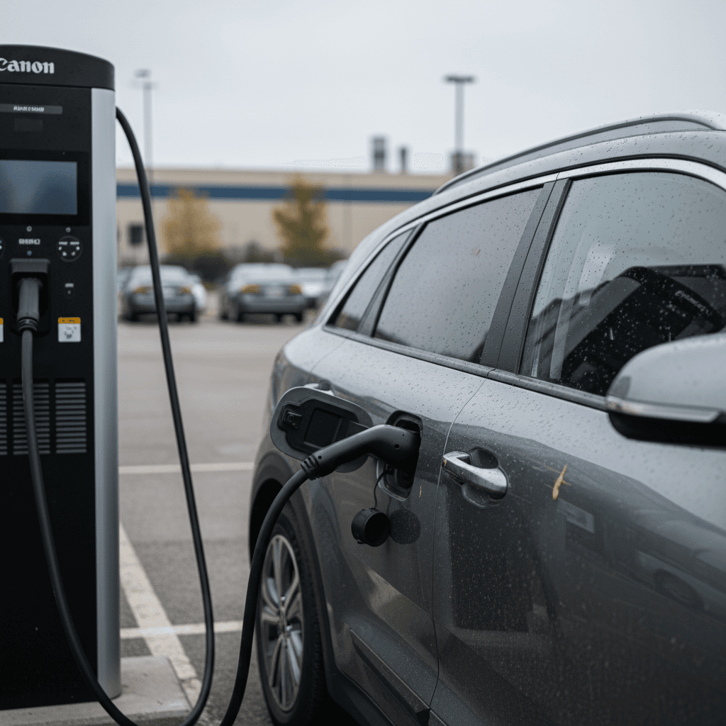 A 2023 Kia Niro EV plugged into a public DC fast charger in an urban parking lot