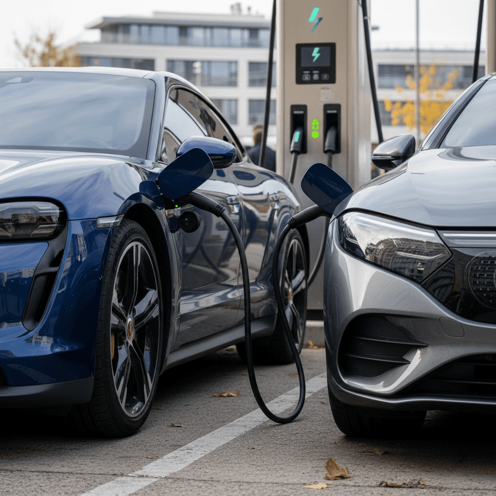 Side-by-side interiors of Porsche Taycan and Mercedes EQE highlighting the driver-focused cockpit versus lounge-like cabin
