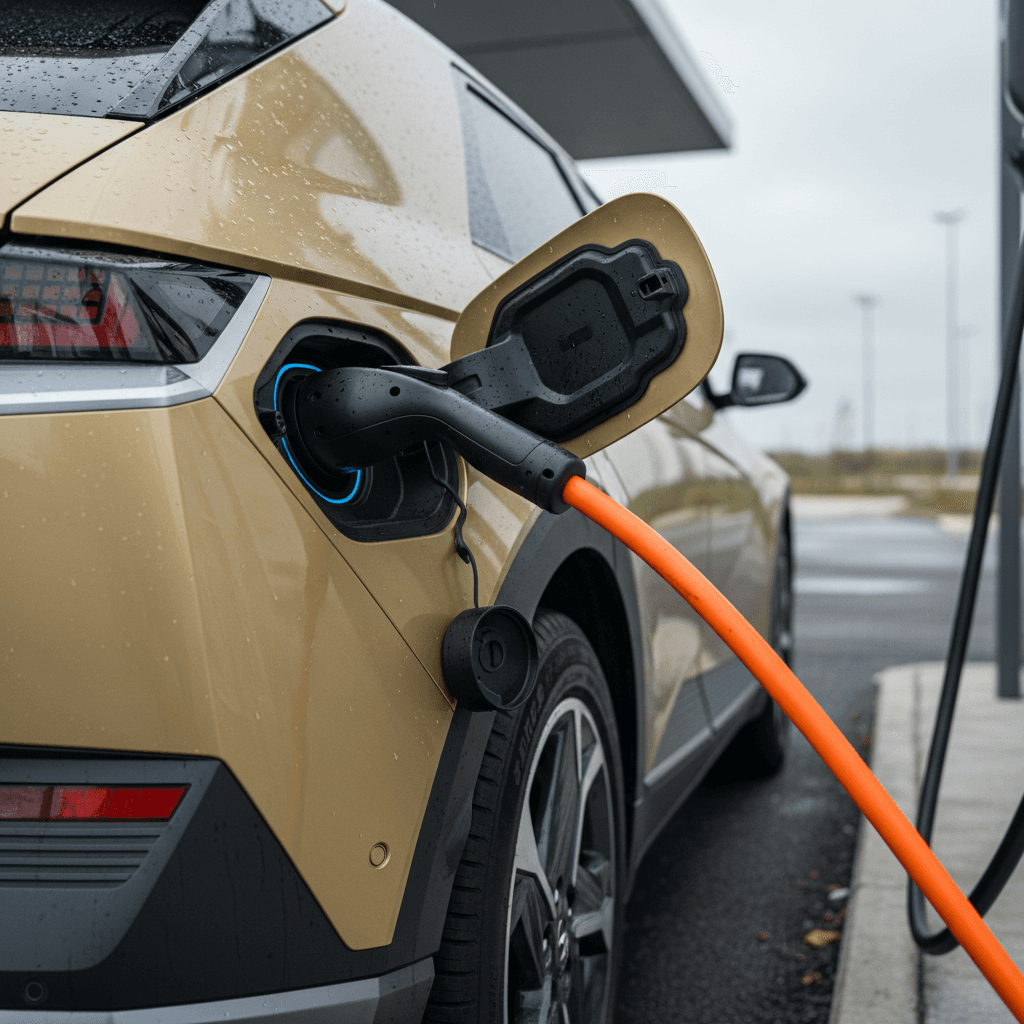 2024 Hyundai Ioniq 5 connected to a public DC fast charger, showing cable plugged into charging port
