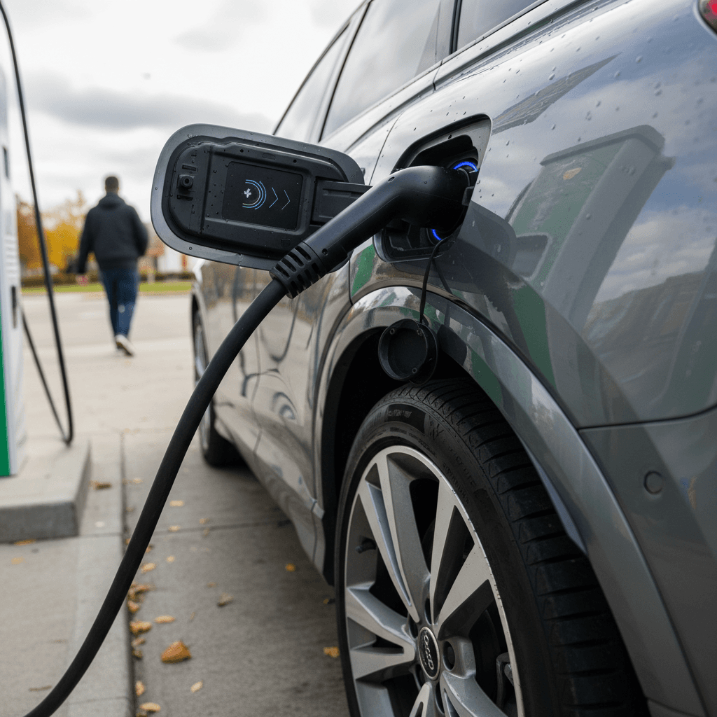 2022 Audi Q4 e-tron plugged into a DC fast charger, focusing on the charge port and wheel