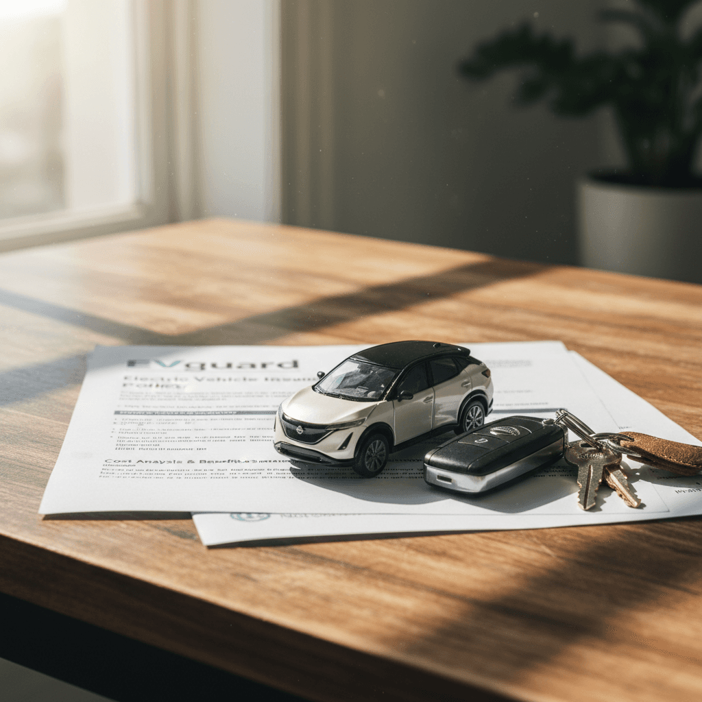Car insurance paperwork, key fob and a small model electric SUV laid out on a wooden desk, representing Nissan Ariya insurance planning.