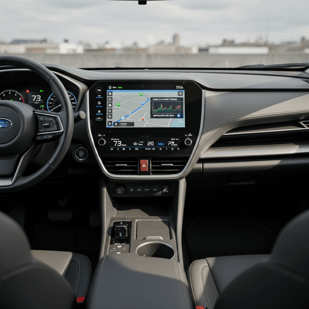 Driver view of Subaru Solterra digital instrument cluster showing remaining range and battery level