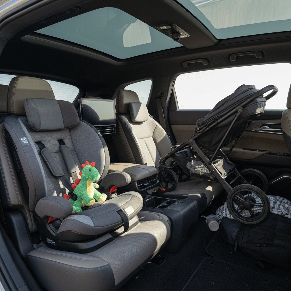 Electric SUV interior with two child seats installed and a stroller stored in the cargo area