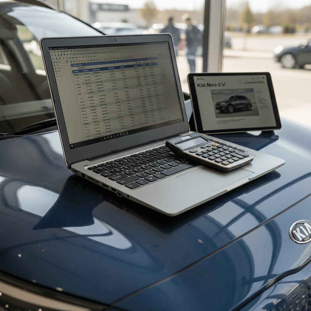 Driver using an online calculator and paperwork to estimate Kia Niro EV monthly payment at a kitchen table