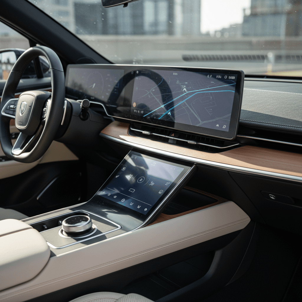Minimalist Lucid Air interior showing glass cockpit and central touchscreen in a bright cabin