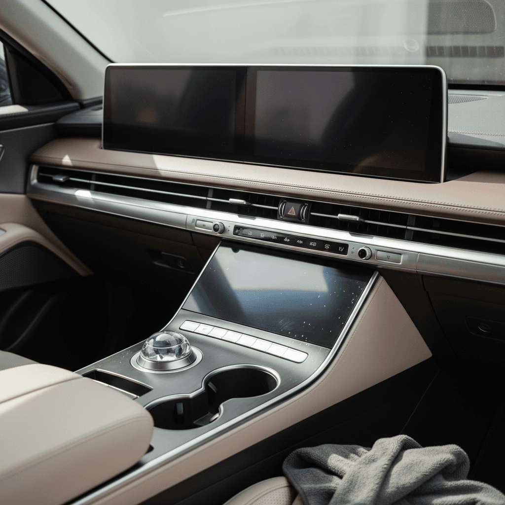 Clean Genesis GV60 interior with touchscreen and light upholstery prepared for resale photos