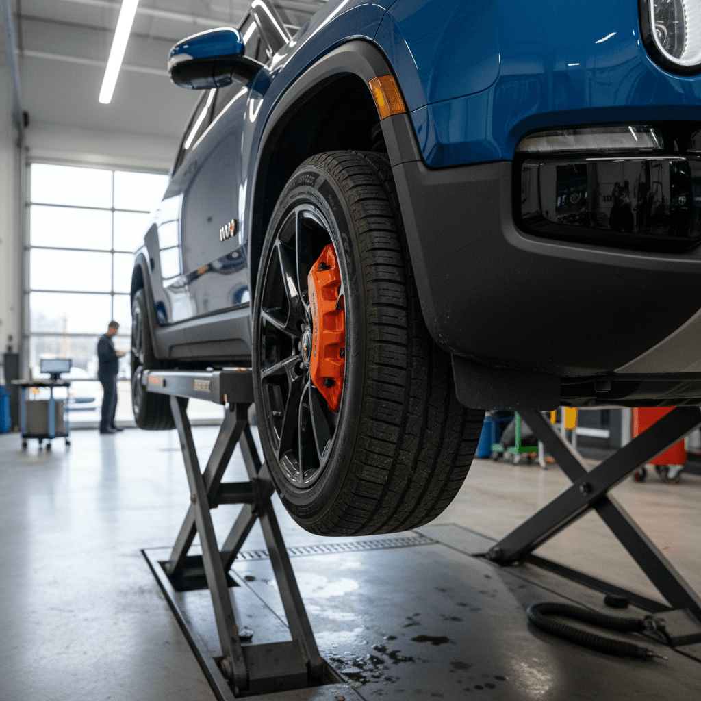 Rivian R1S front suspension and wheel on a lift during inspection