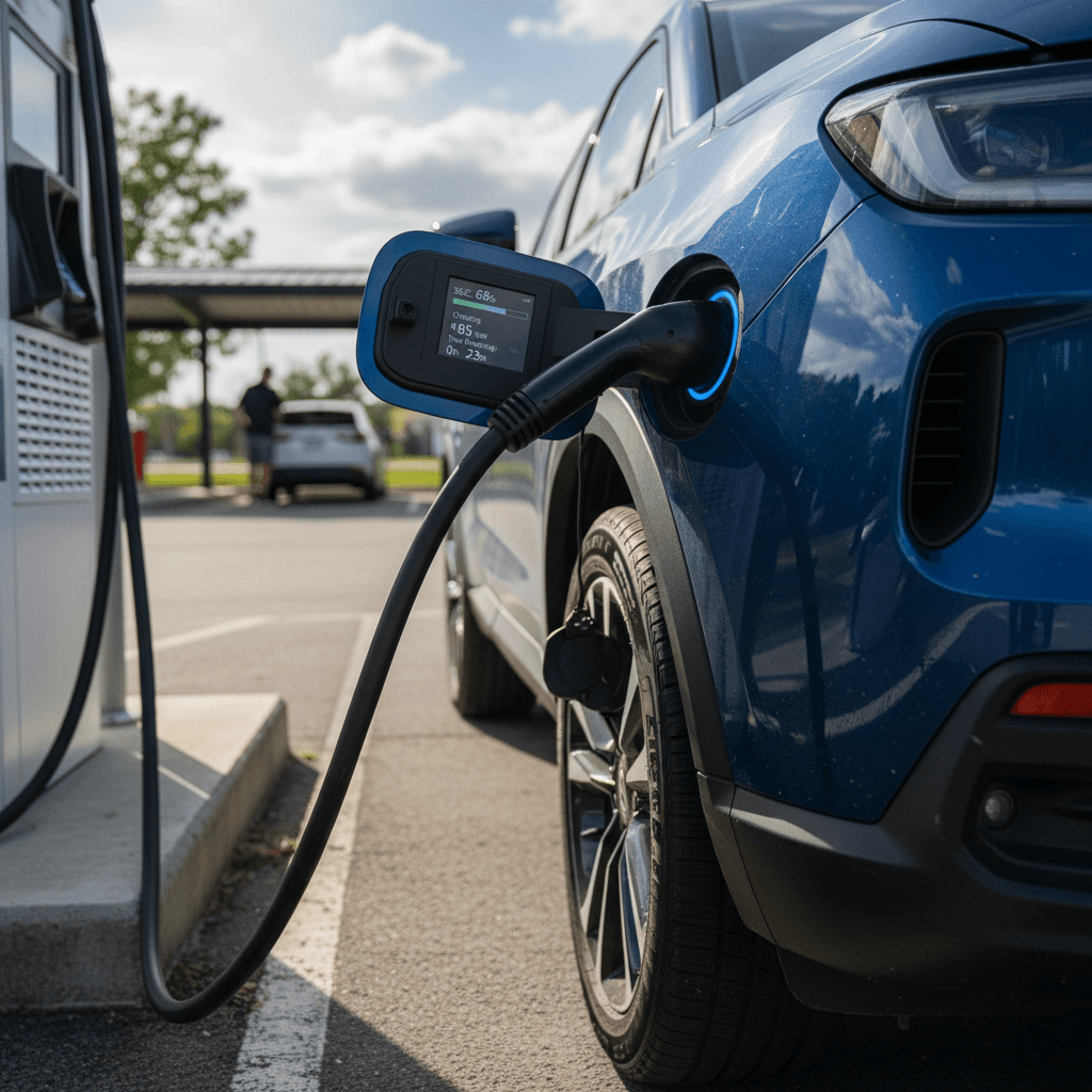 2025 Honda Prologue charging at a DC fast charger with the driver watching charge progress on the screen