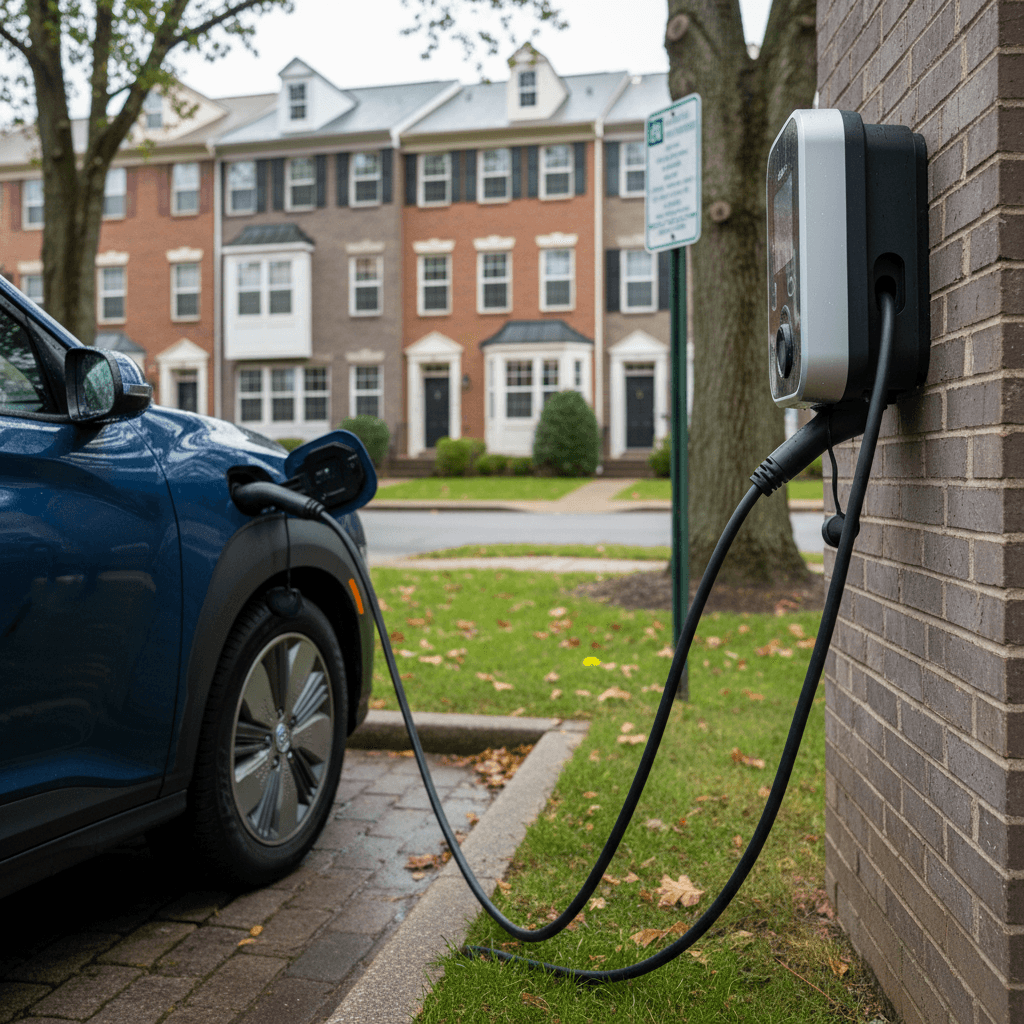 Townhouse-style homes in Northern Virginia with an electric vehicle plugged into a shared Level 2 charging station