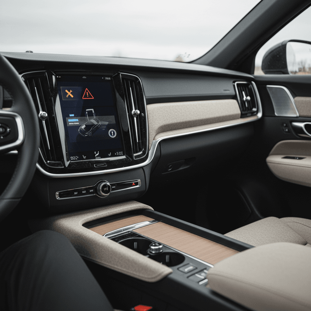 Volvo EX90 digital dashboard displaying driver assistance and safety alerts while driving