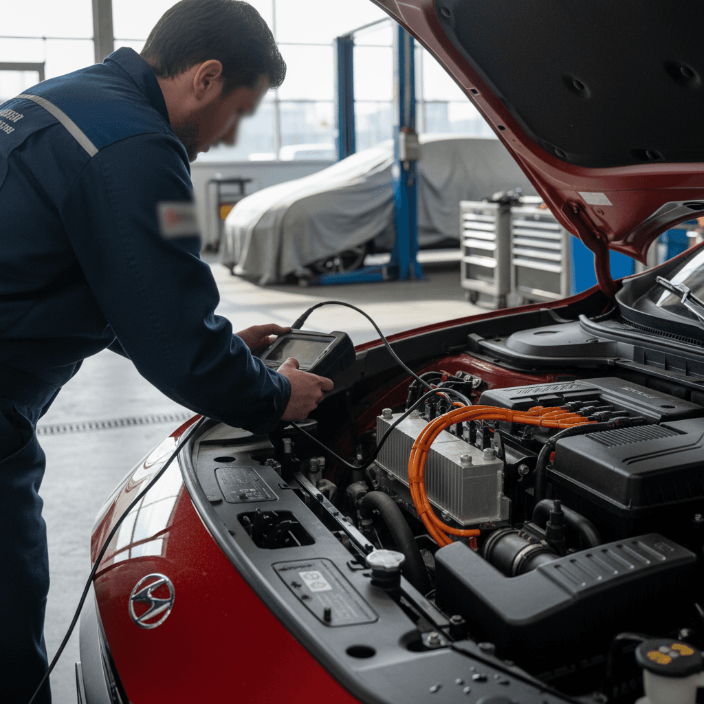 Technician inspecting high-voltage charging components under the hood of a Hyundai Ioniq 6 during recall service