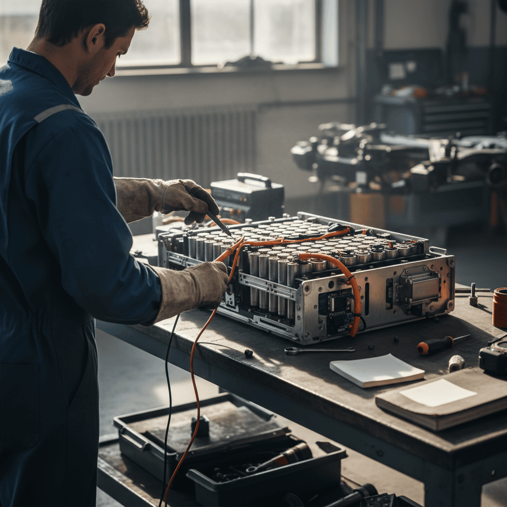 Electrical mechanic working on the high-voltage components of an electric vehicle in a service bay