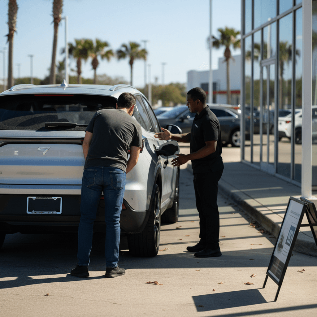 Shopper reviewing a battery health report next to a used electric vehicle at a Florida dealership
