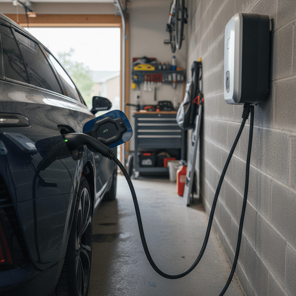 Cadillac Lyriq plugged into a Level 2 wall charger in a modern home garage