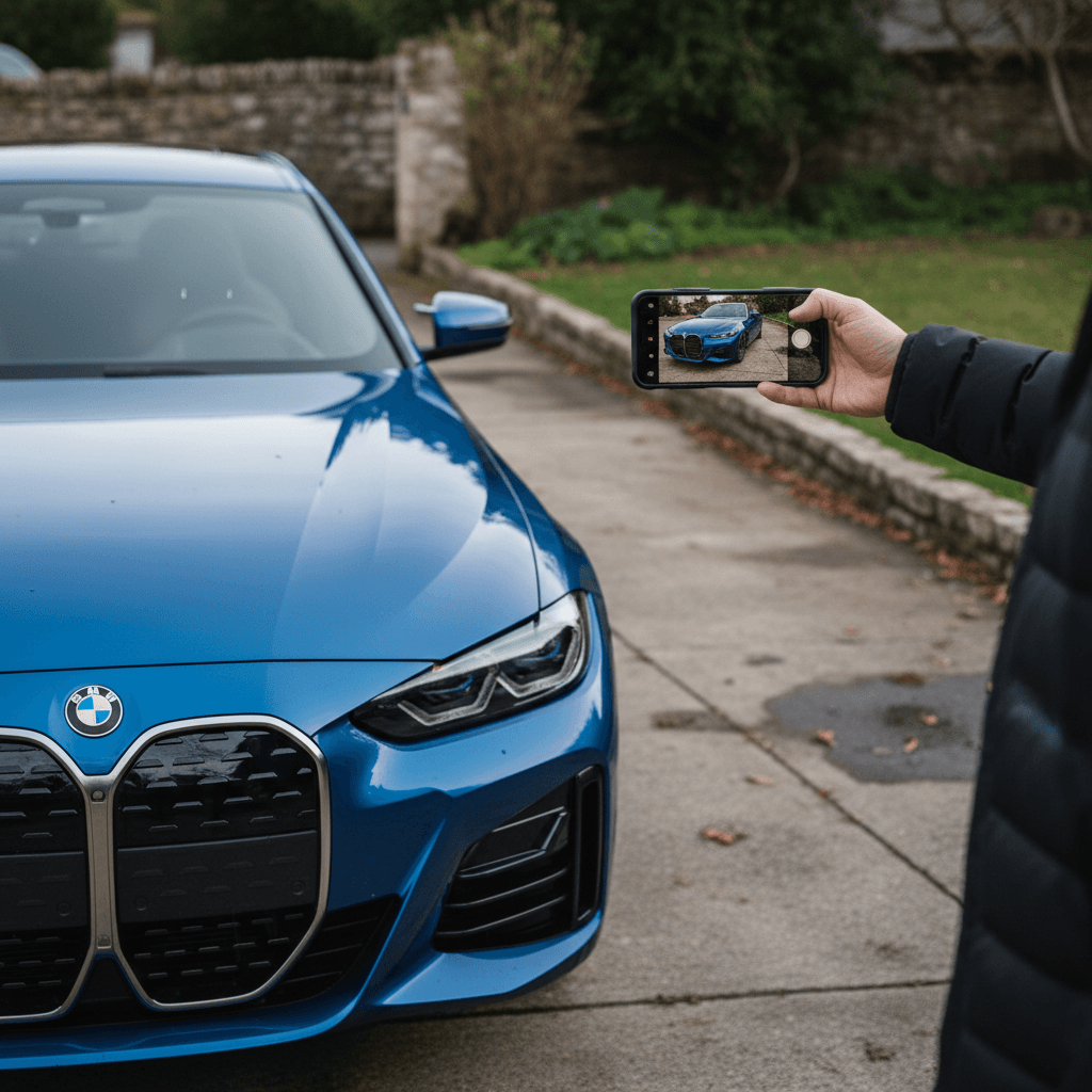 Owner taking detailed photos of a clean BMW i4 parked in a driveway in preparation for selling it