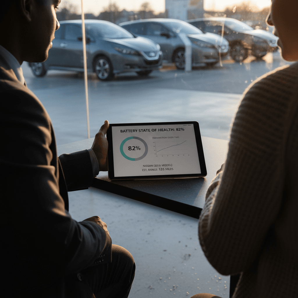 EV specialist and owner reviewing a battery health report for a Nissan Leaf on a tablet in a bright showroom