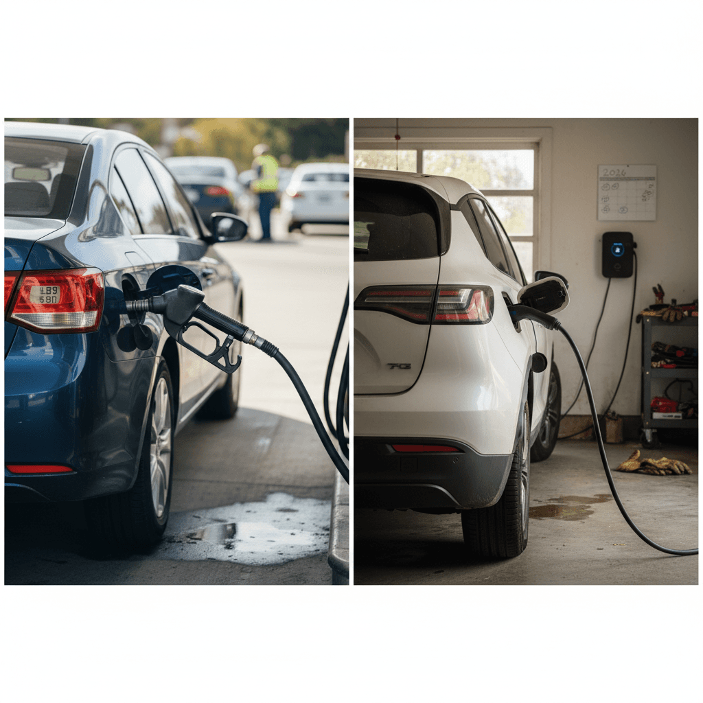 Gasoline car fueling at a station while an electric vehicle charges in a home garage, illustrating cost differences in 2026