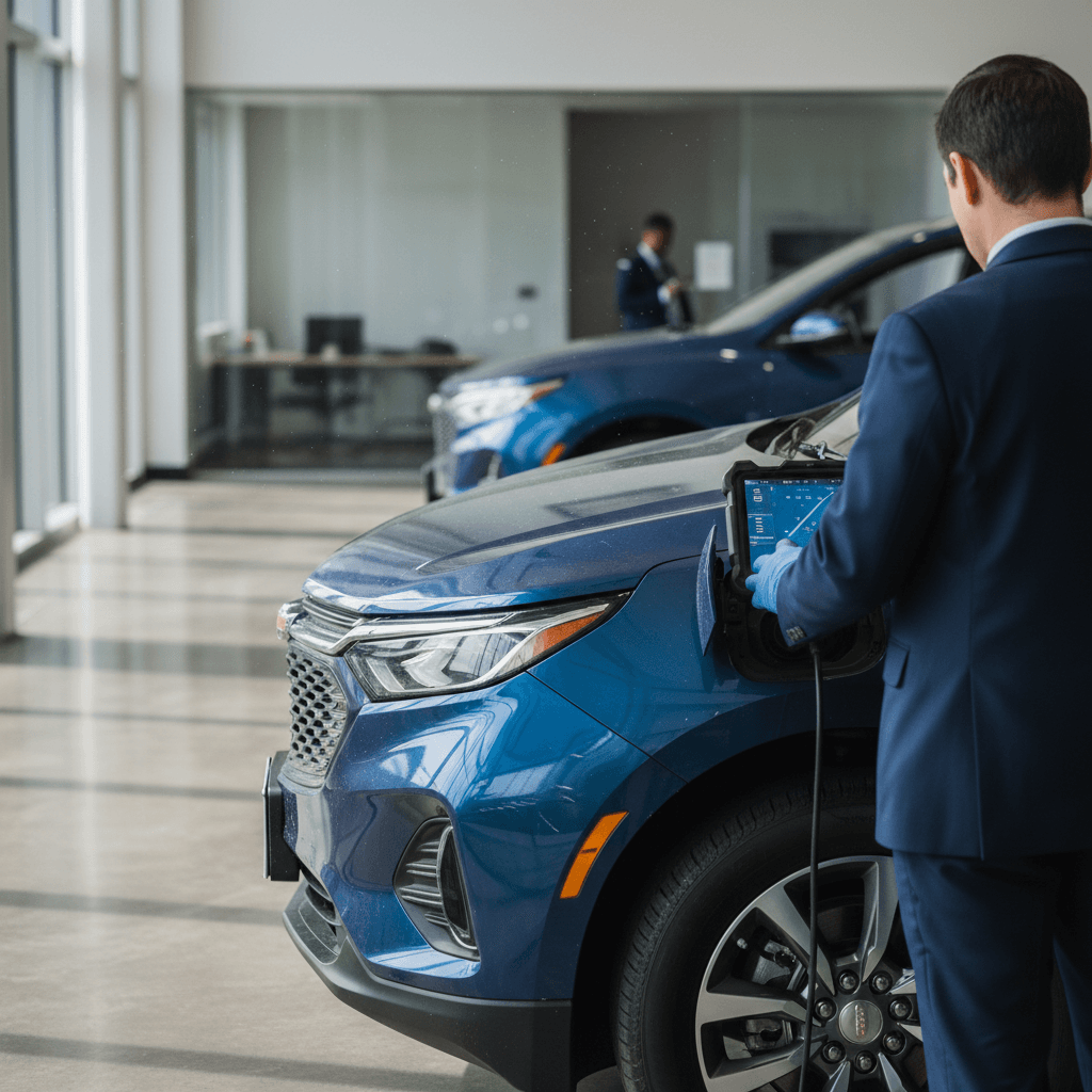 Specialist reviewing detailed battery health and diagnostic report for a used Chevrolet Equinox EV in a bright showroom