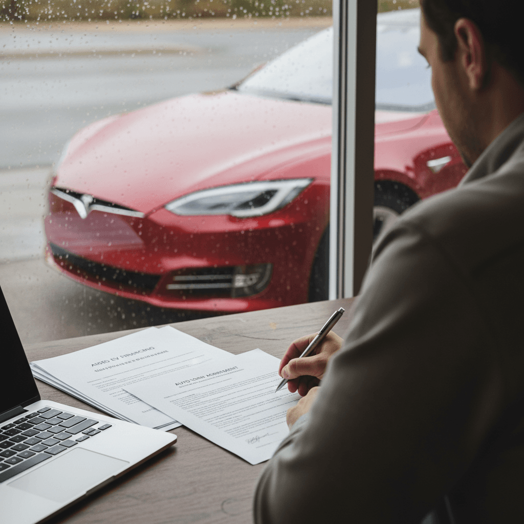 Customer reviewing auto loan terms at a desk with a used Tesla Model S visible through the window