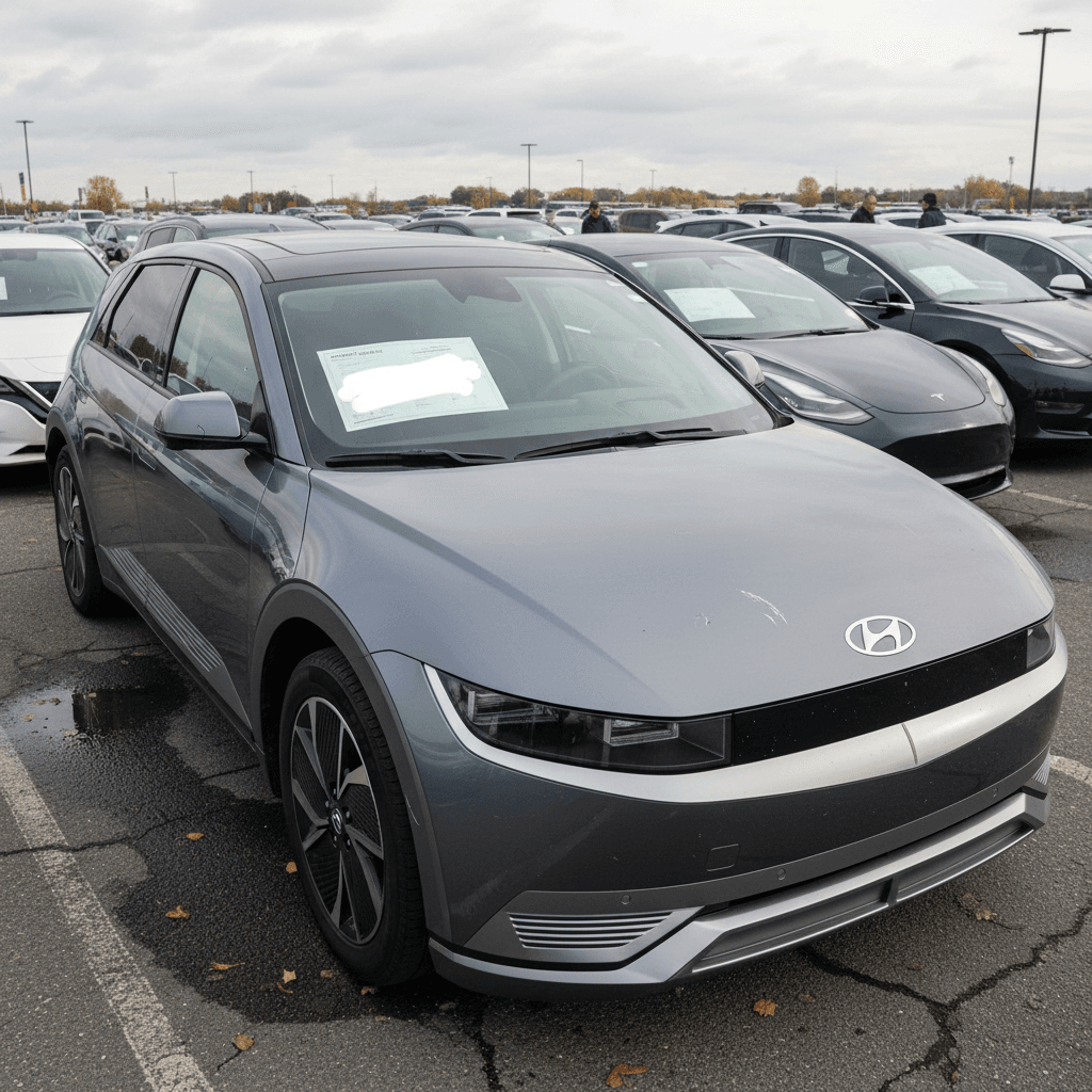 Used Hyundai IONIQ 5s lined up on a dealer lot highlighting how quickly EVs hit the used market