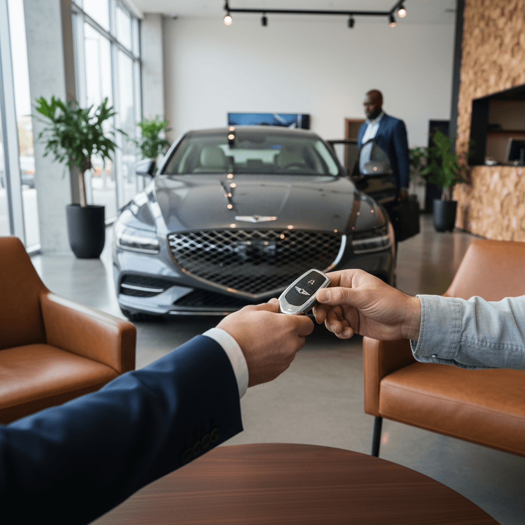 Seller and buyer reviewing a battery health report for a Genesis Electrified G80 inside a modern EV showroom