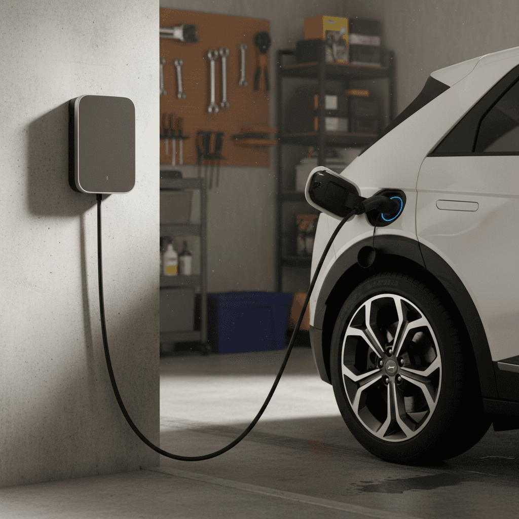 A Hyundai Ioniq 5 charging from a wall-mounted Level 2 home charger inside a clean garage