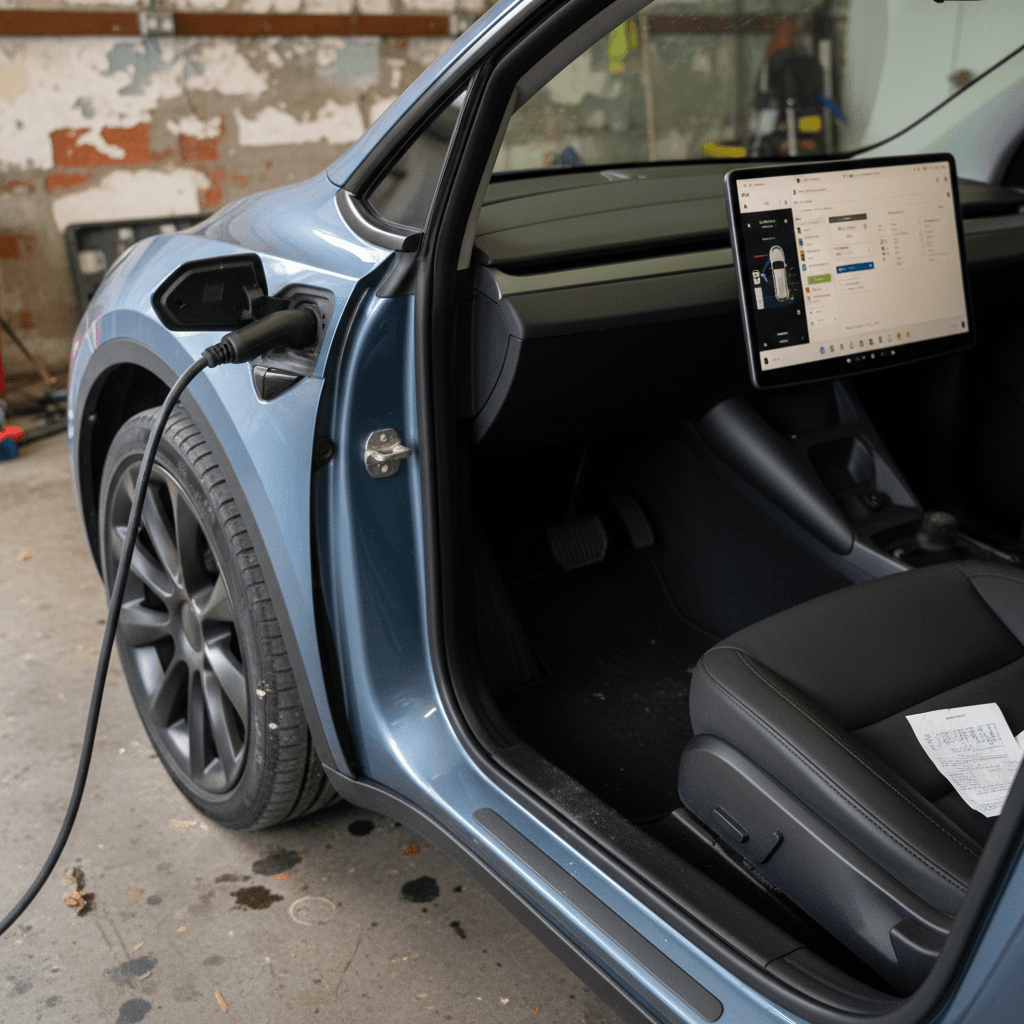 Used Tesla Model Y parked at a dealership, highlighting body panel alignment and wheels